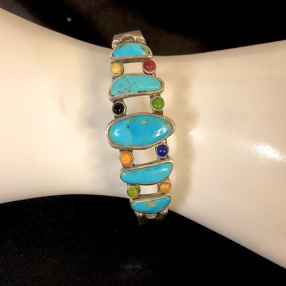 BARSE Turquoise Sterling Silver Multi Gemstone Southwestern Cuff Bracelet - Picture 1 of 11